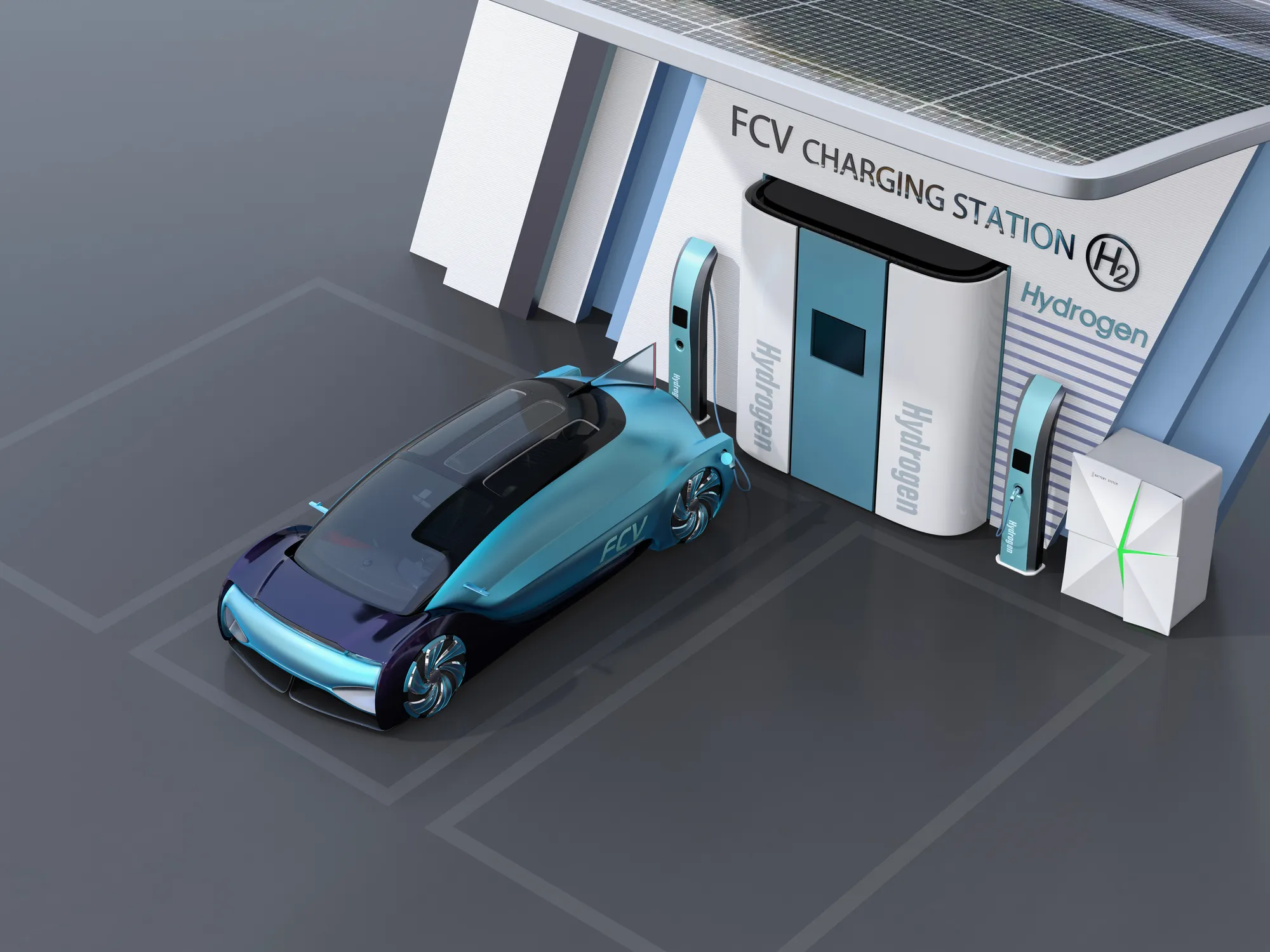 Ein mit Wasserstoff betriebenes Modellauto steht an einer Ladestation