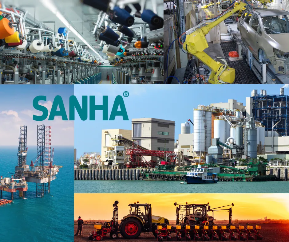Eine Collage, die Landwirtschaft, Industrie und mehr Einsatzbereiche von SANHA® zeigt