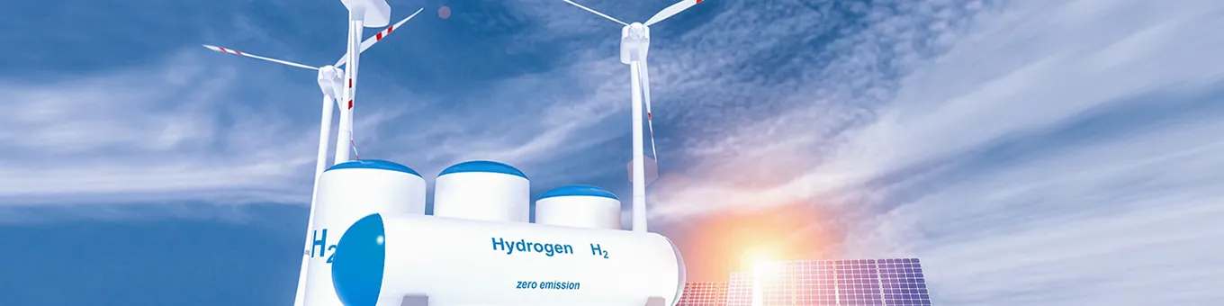Banner mit Windrädern und Wasserstoff-Tanks als Symbol für nachhaltige Energiegewinnung